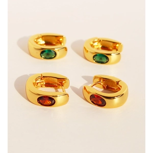 Vintage Brass Oval Zirconia Hoop Earrings For Women Gold Plated Emerald Ruby Color Small U-Shaped Elegant Jewelry Accessories