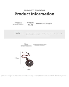 Detailed specs of acrylic leopard print round pendant necklace with leather cord measurements