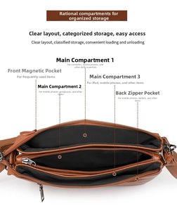 Top view of brown soft leather crossbody bag with multiple zippered storage compartments