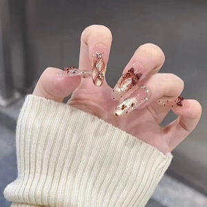 Long Almond Press On Nails Brown Cream Leopard Print Polka Dot 3D Bow Rhinestone Glitter ABS Plastic DIY Manicure For Women