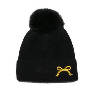 Winter black knit beanie with faux fur pompom and yellow bow embroidery details