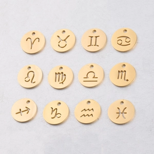 Set of twelve golden stainless steel 12mm round zodiac charms with hollowed-out symbols