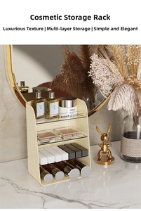 Detailed view of cream-colored cosmetic organizer with tiered lipstick storage and perfumes