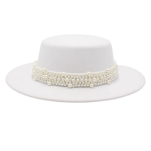 Elegant white wool felt flat top boater hat with five layers of glossy pearl decoration