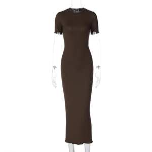 Detail of dark brown ribbed knit fabric on a slim fit crewneck long dress