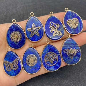 Waterdrop Lapis Lazuli stone pendants with gold Tree of Life and star filigree overlays