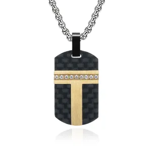 Men Pendant Necklace Stainless Steel Carbon Fiber Rectangle T-Shape Rhinestone Inlay Trendy Jewelry