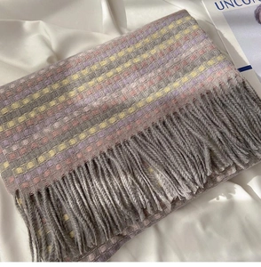 Close-up of rainbow plaid scarf showing thick knit texture and grey fringe detail