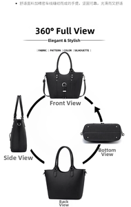 Detailed views of a black large tote bag showing metal feet and precise stitching