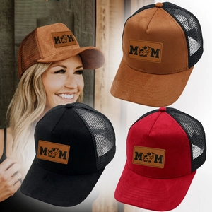 Faux suede mesh trucker cap with MOM leather patch and cow print for men and women