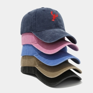 Vintage washed cotton baseball caps with lobster embroidery in five assorted colors