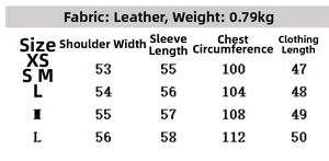 Tableau des tailles pour veste en similicuir femme avec mesures en centimètres