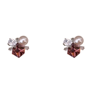 Silver square zircon pearl earrings with purple crystal and teardrop stone