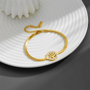 Golden tree of life bracelet with sparkling zircon stones and adjustable snake chain