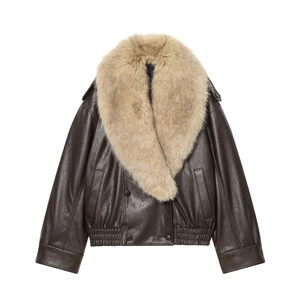 Faux Leather Biker Jacket With Oversized Detachable Faux Fur Collar Double Breasted Loose Winter Outerwear For Women