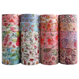 Detailed view of 16-roll floral washi tape set with gold foil and vintage patterns