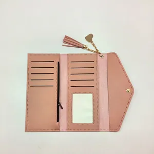 Portafoglio lungo rosa a tre ante con ciondolo a cuore e fessure per carte interne