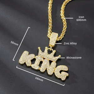 Detail view of the King Crown pendant with rhinestone dimensions and iron chain material specs