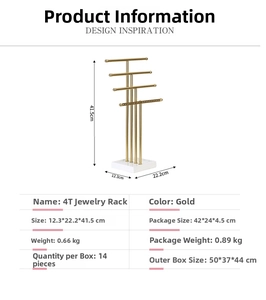 Detailed dimension guide for 4-tier gold jewelry stand with white base and height specs