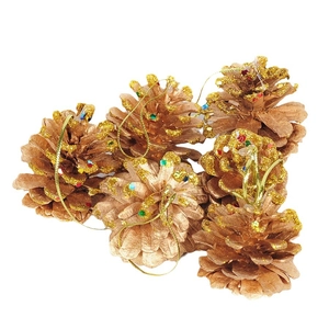 Set di sei pigne natalizie dorate con glitter e cordini dorati per l'albero di Natale