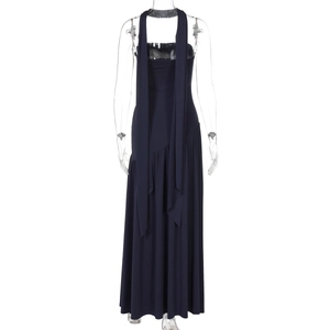Detail view of navy blue backless tube dress with elegant trailing scarf streamers
