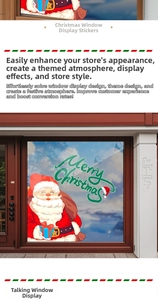 Detail showing Santa Claus window stickers with Merry Christmas text for holiday decoration