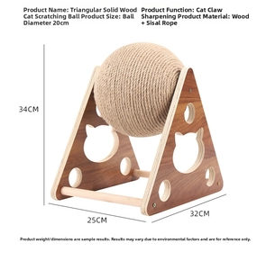Triangle solid wood cat scratching ball dimensions 34x25x32cm with 20cm sisal rope ball
