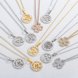 Fashionable rhinestone heart and turquoise clover necklaces in gold and silver finishes