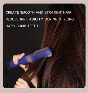 Deep blue smoothing brush attachment for multi-styler used on long hair for a sleek finish