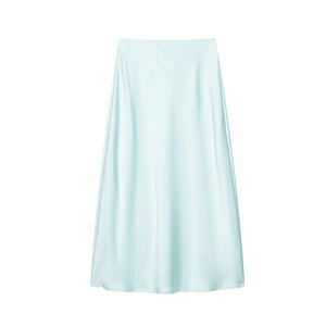 Detail shot of light blue satin midi skirt showing smooth silk texture and fabric sheen