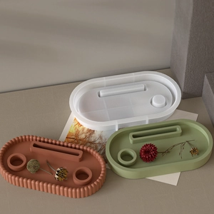 Oval striped tray silicone mold for resin casting and DIY plaster candle holder base