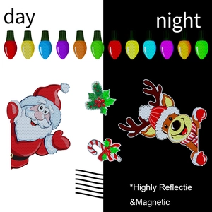 Day and night comparison of reflective Christmas bulb and Santa magnetic car stickers