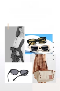 Detail showing vintage cat-eye sunglasses with decorative metal rivets and sleek frame