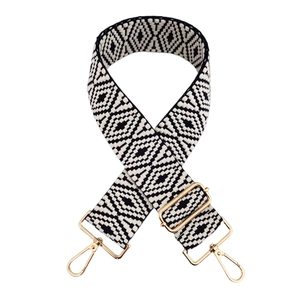 Bandoulière réglable à motif losange noir et blanc avec boucles métalliques dorées