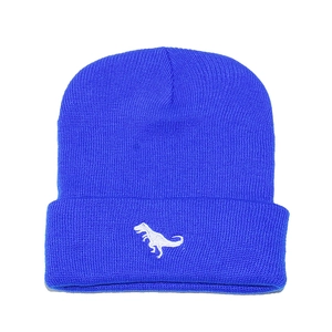 Detailed view of ribbed blue knit beanie featuring white dinosaur silhouette embroidery