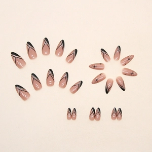 Almond-shaped press-on nails with black French tips and silver glitter V-line patterns