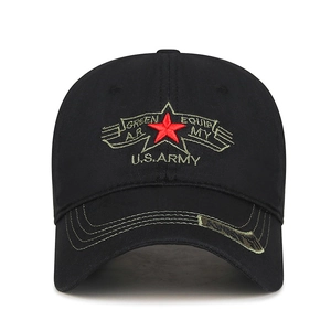 Classic black cotton baseball cap featuring 3D army embroidery and a red star accent