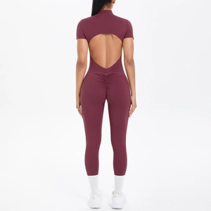 Detail of burgundy backless sports jumpsuit with open back and scrunch butt design