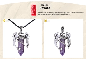 Détail du pendentif en cristal améthyste avec dragon argenté sur cordon noir ciré