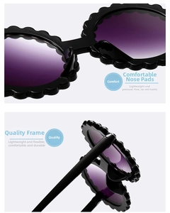 Detailed view of child fashion sunglasses with petal frame, soft nose pads and hinges