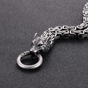 Detailed close-up of a masculine wolf head clasp on a double-layer titanium steel chain