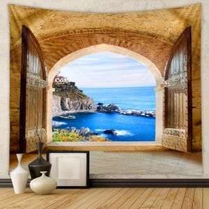 Détail de tapisserie méditerranéenne avec vue sur mer depuis une fenêtre en arche