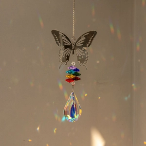 Silver butterfly crystal suncatcher with rainbow prisms for window hanging decor