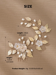 Detailed size specifications for the gold leaf and pearl hair comb with exact dimensions