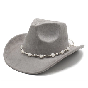 Light gray suede western cowboy hat with white heart bead band on a white background