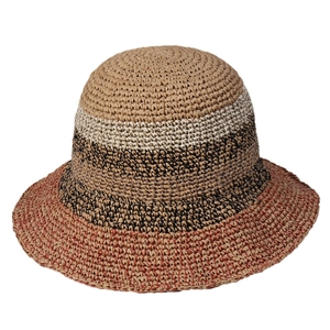 Foldable handmade straw sun hat with wide brim and color-block striped weave pattern