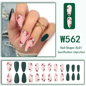 Vintage green matte press-on nails with red floral patterns and 24-piece almond set