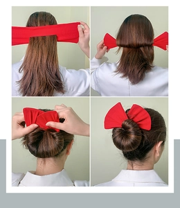 Detailed four-step guide for creating a hair bun using a red fabric bow hair tool