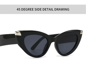 Close-up of black cat eye sunglasses with silver metal hinges and sleek 45-degree angle detail