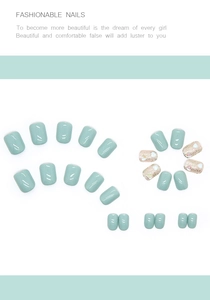 Short mint green press-on nails set with glitter and 3D heart-shaped sequin decorations